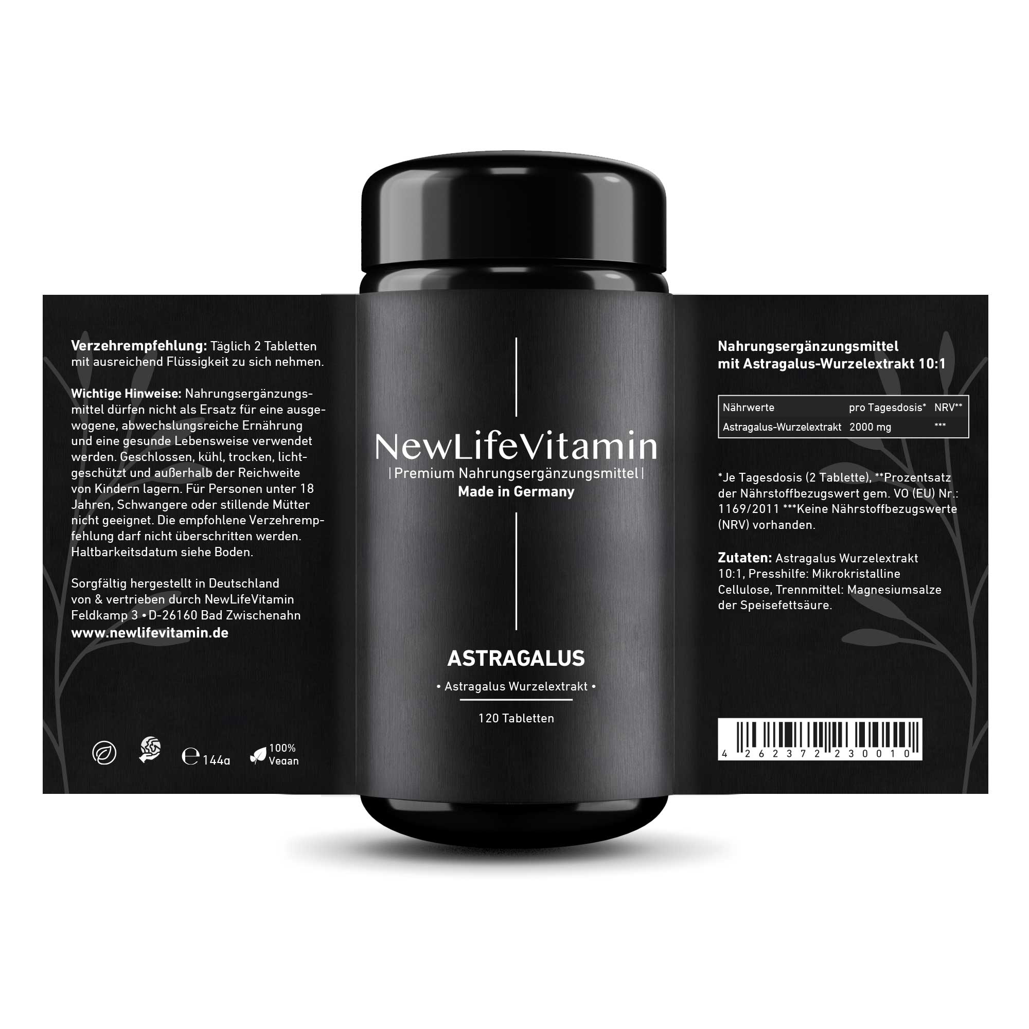 Produktbild Astragalus-Extrakt mit ausgeklappten Etikett - Violettglas Flasche