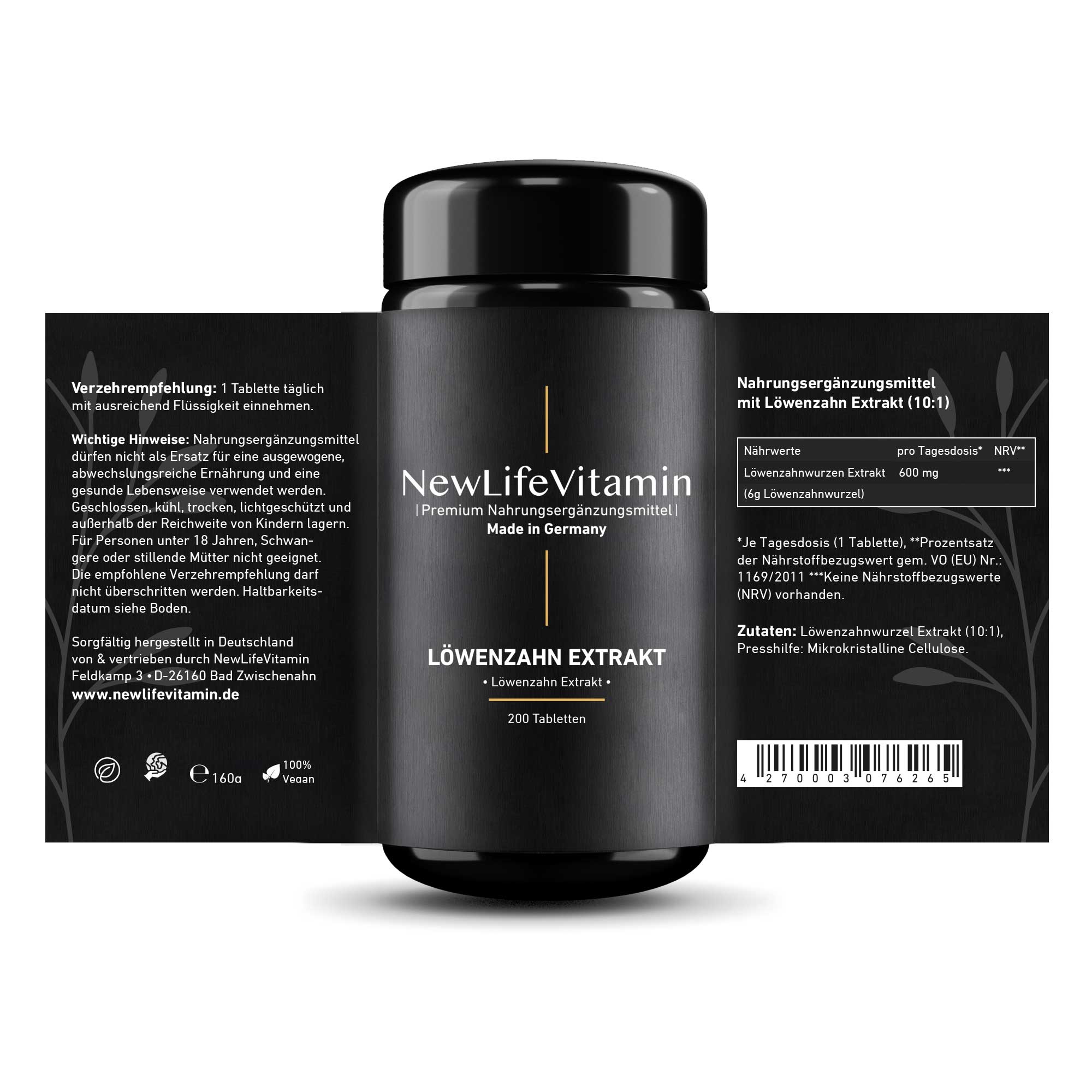 Produktbild Löwenzahn Extrakt mit ausgeklappten Etikett - Violettglas Flasche