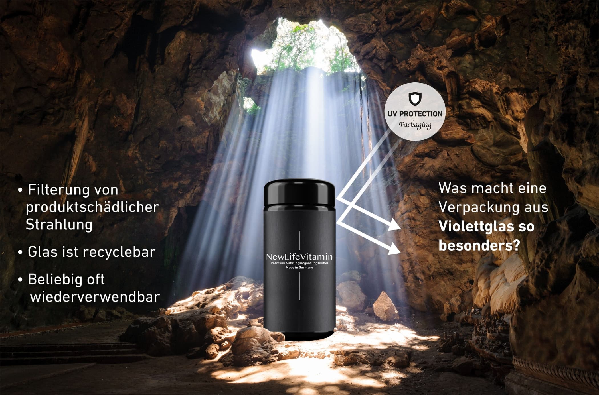 Bild von einer Violettglas Flasche mit Vorteilen gegenüber Plastikflaschen