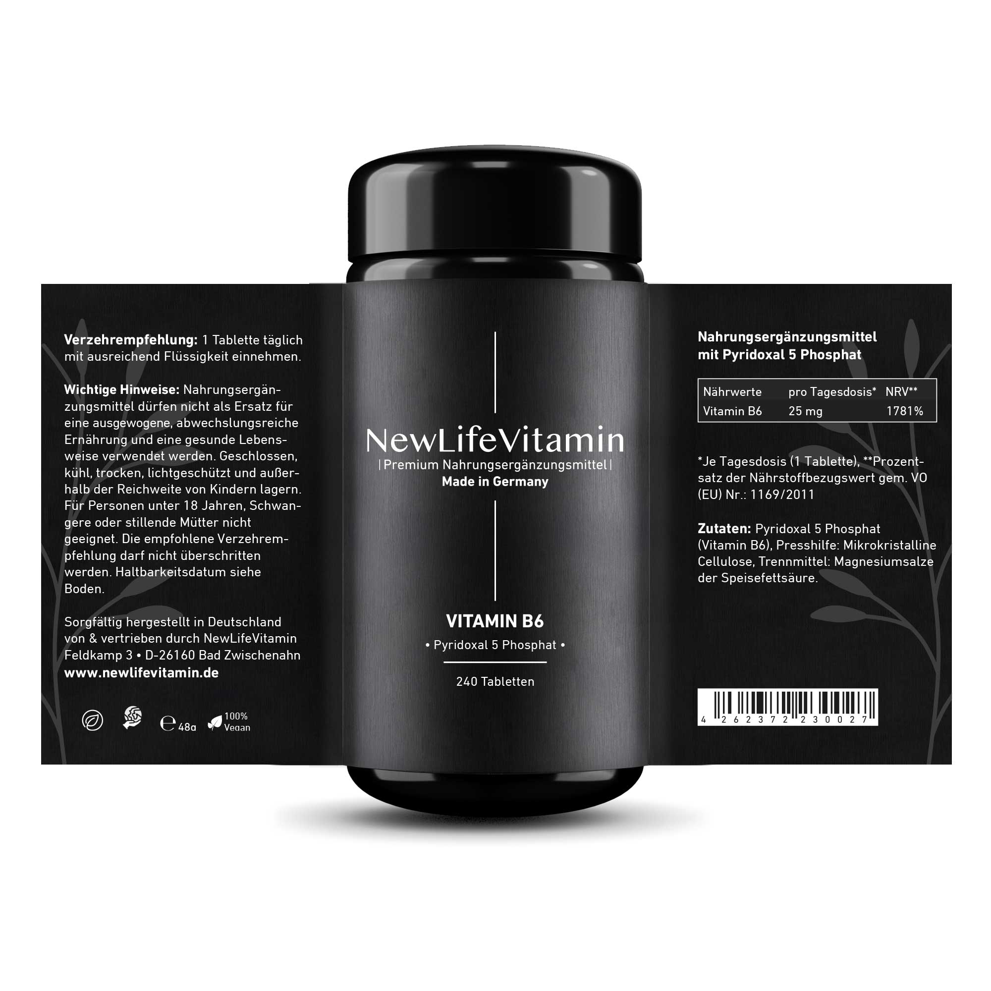 Produktbild Vitamin B6 mit ausgeklappten Etikett - Violettglas Flasche