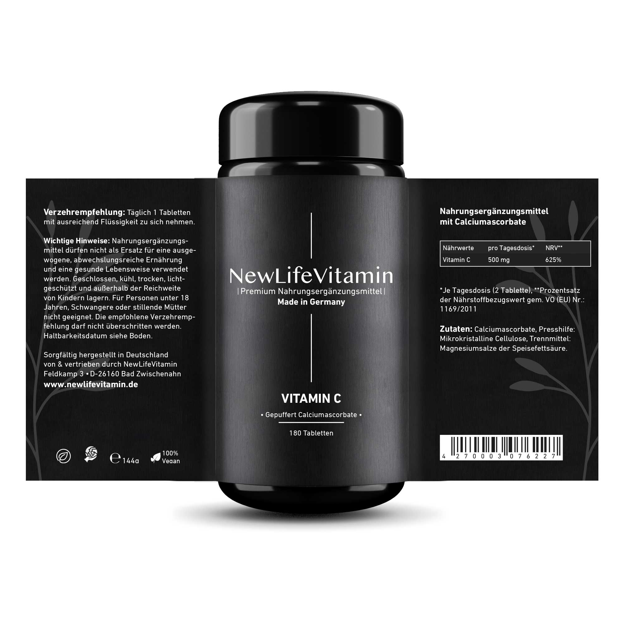 Produktbild Vitamin C mit ausgeklappten Etikett - Violettglas Flasche