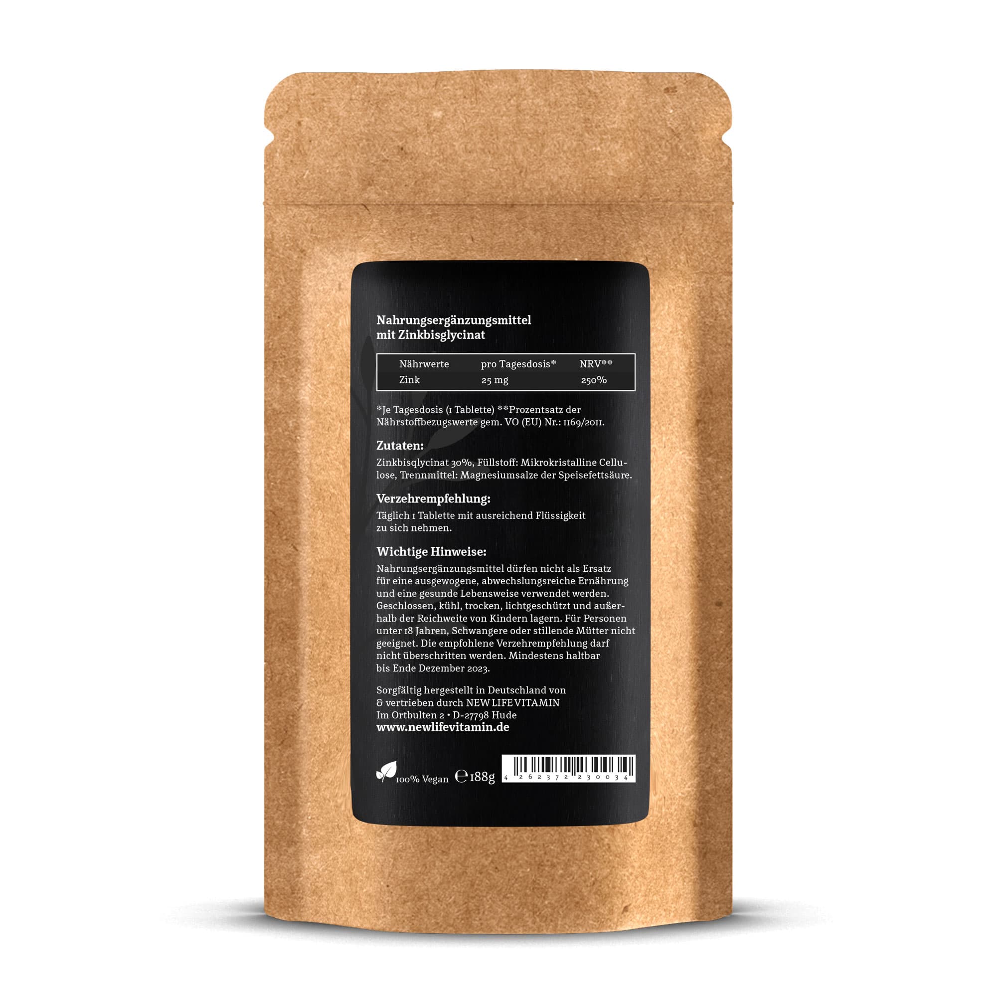 Rückseite von Zinkbisglycinat Refill von NewLifeVitamin auf weißen Hintergrund