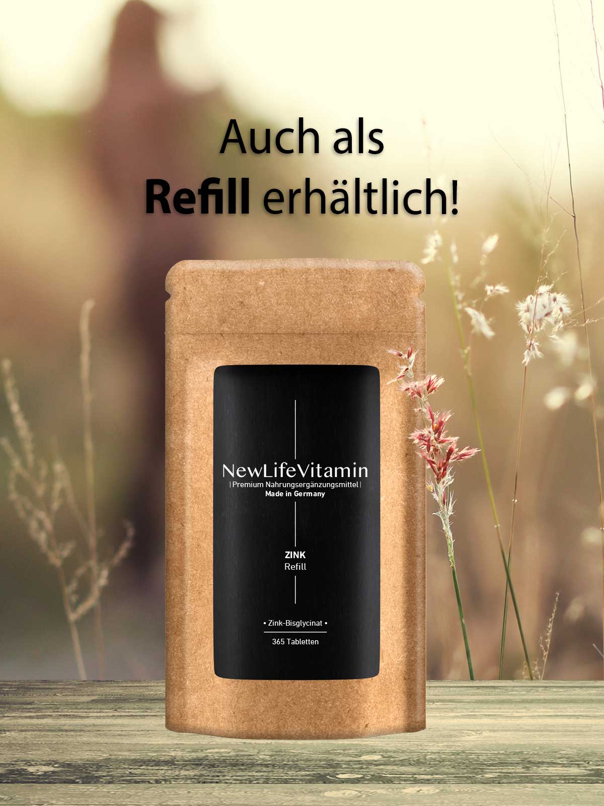 Zink Refill Verpackung von Newlifevitamin auf einem Tisch