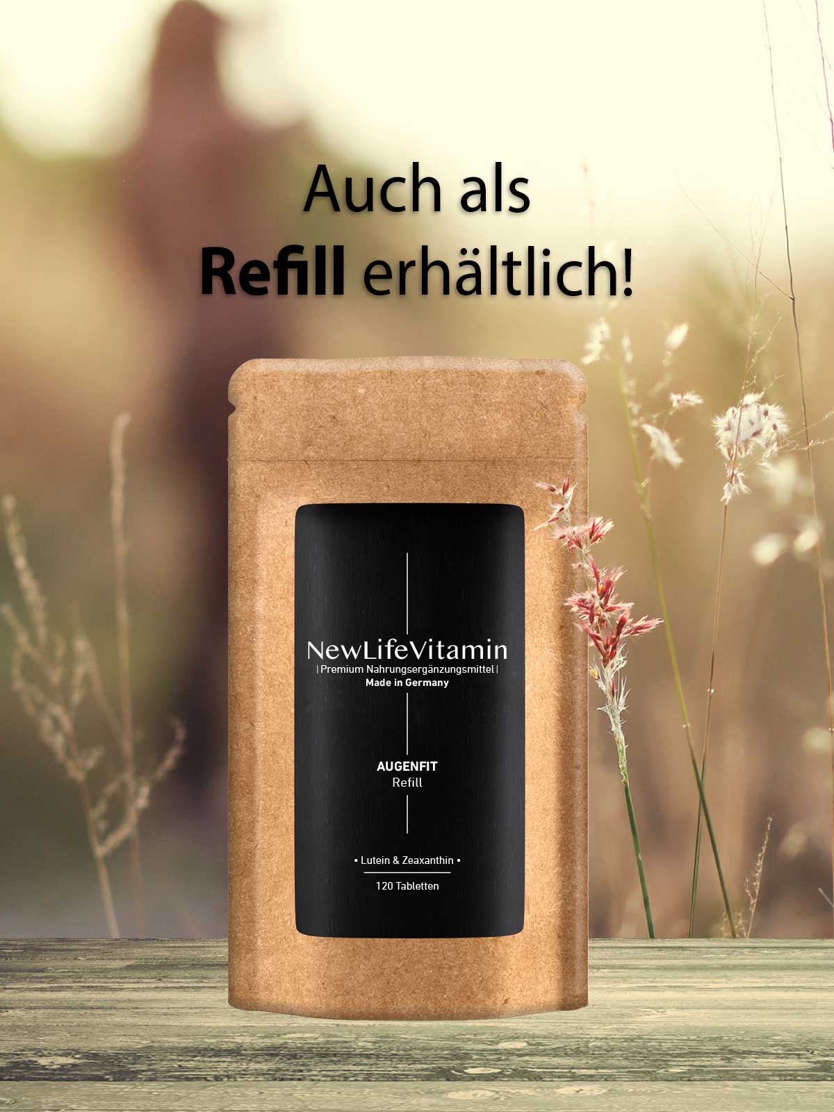 Produktbild Augenfit Refill von NewLifeVitamin auf einem Tisch 