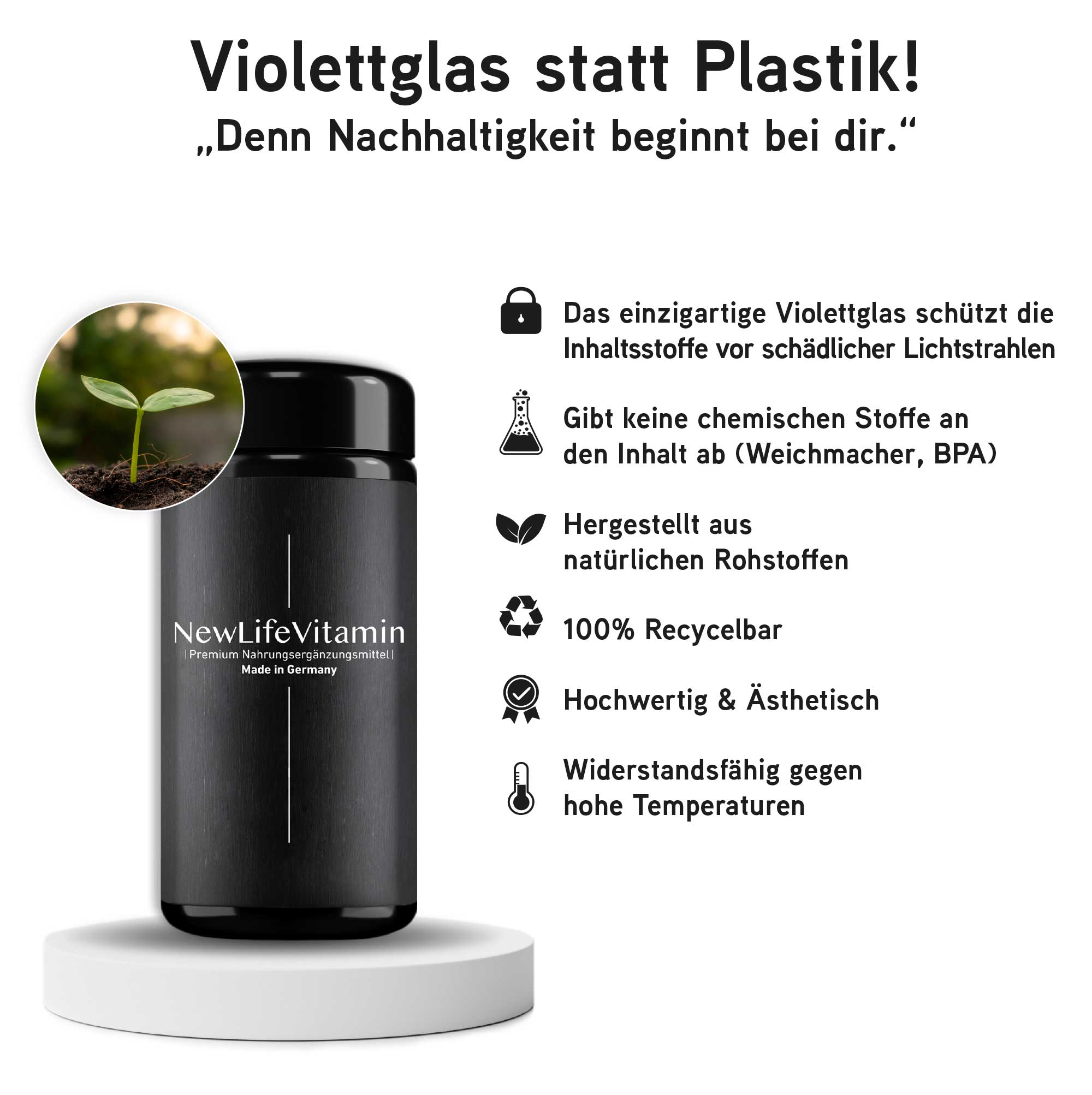 Bild mit Vorteilen von Violettglas neben einer ausgestellten Flasche