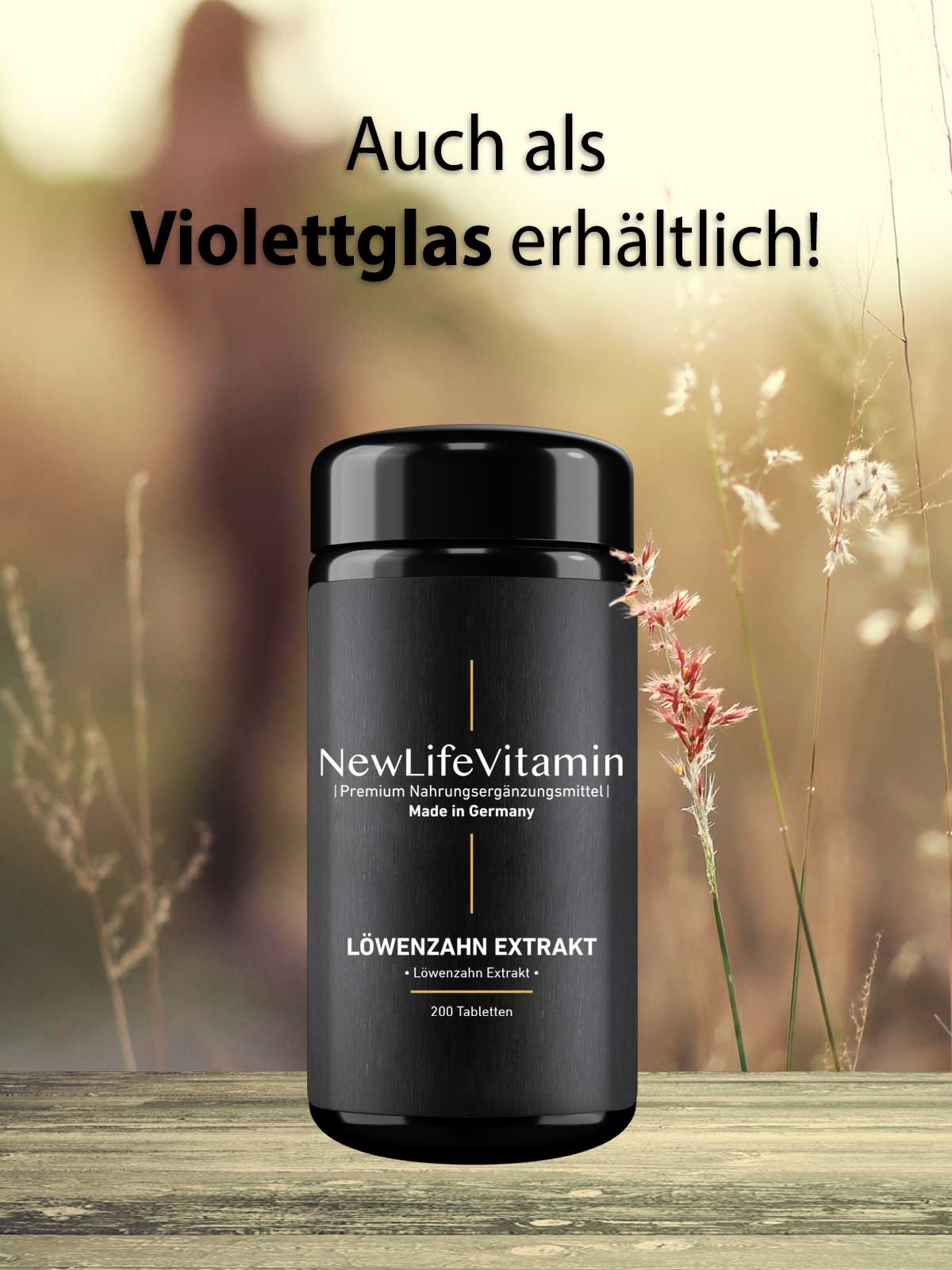 Produktbild Löwenzahn Extrakt in einem Violettglas von Newlifevitamin auf einem Tisch 